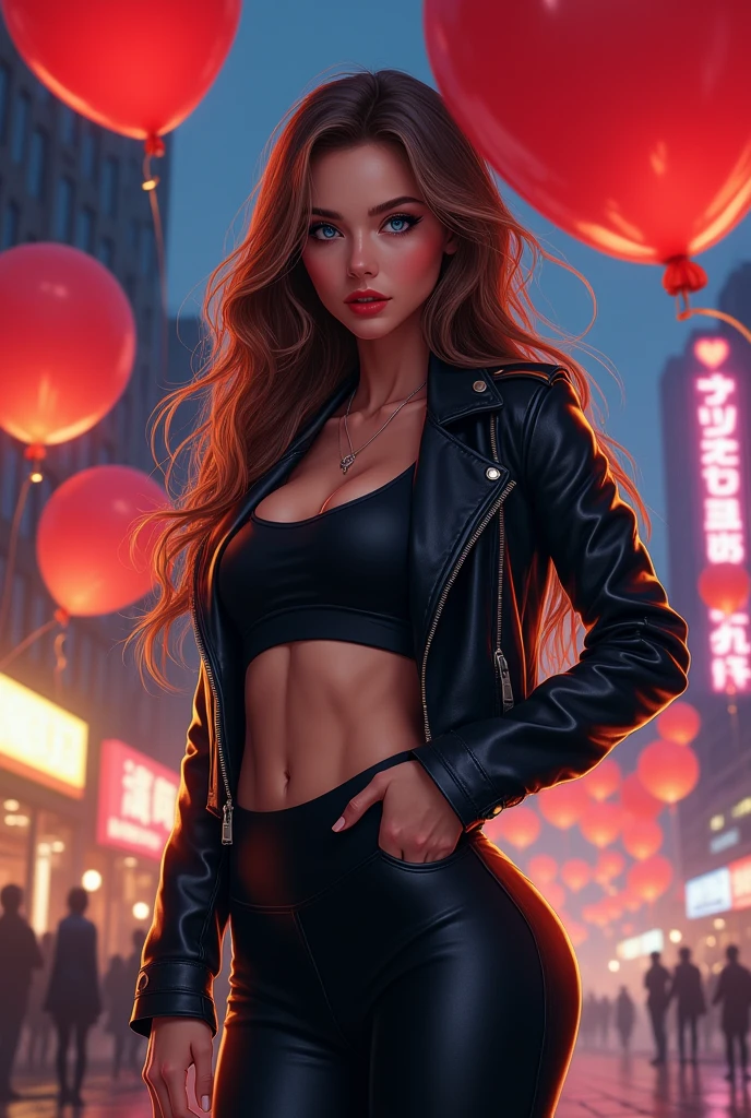 beautiful young happy very beautiful girl, blue charming eyes, red lips, sophisticated face, medium size prominent bust and ass, brown black long hair, black leather jacket and black very tight sports leggings, reet in a night city, red ballons,(airbrush painting, detailed style), soft lighting, 8k