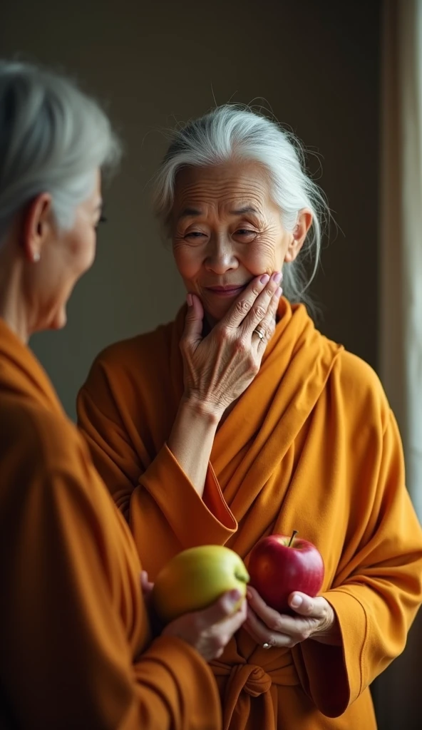 The same elderly Buddhist woman stands in front of a small mirror, gently touching her face as she talks about how certain fruits can help maintain youthfulness and vitality. She holds a papaya and an apple in her hands, highlighting their roles in keeping skin healthy and radiant. Her peaceful expression reflects her belief in the natural beauty that comes from within. The room is softly lit, with a tranquil atmosphere that mirrors the inner peace she promotes
