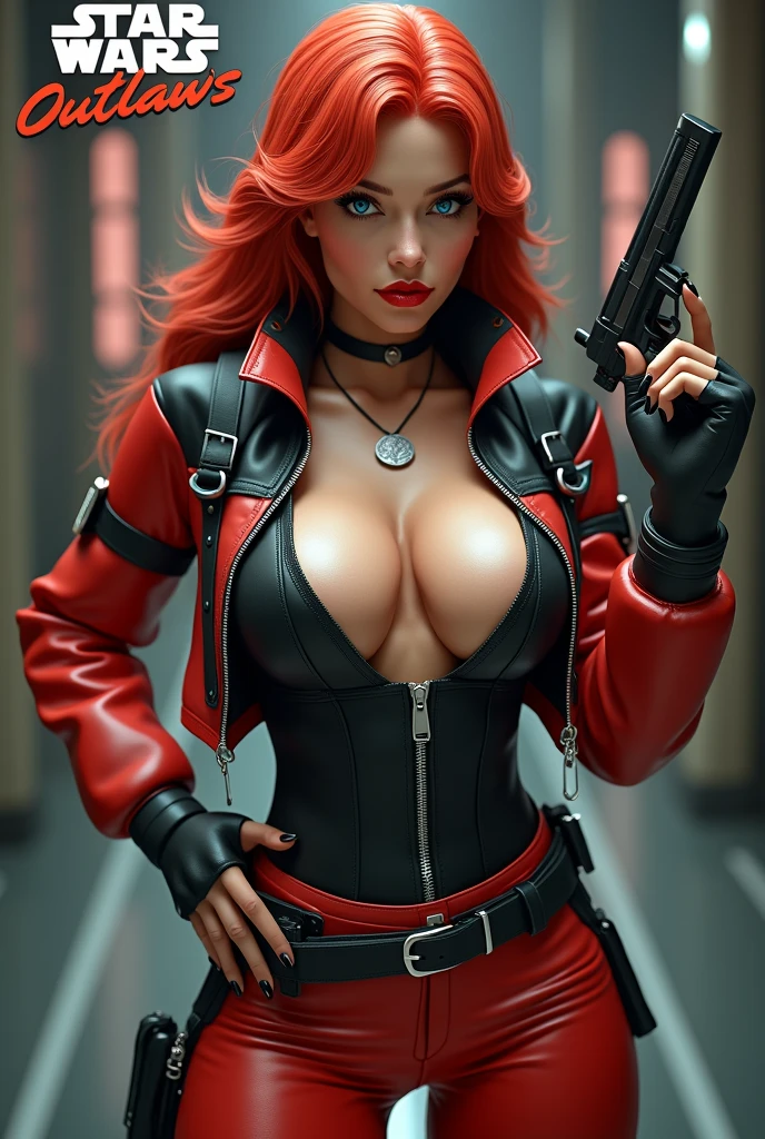 Captured from a high-angle, eye-level perspective, high detailed full body front facing shot, a woman beautiful hourglass body with large breasts, dressed in a red and black flight jacket red and black pants with a black leather utility belt, holds a futuristic blaster handgun in her right hand. Her left hand is raised in the air, while her right arm rests on her hip. Her right arm is draped over her shoulder, adding a pop of color to the scene. The girl's hair is a bright red full body over the shoulder with bangs, Her eyes are a piercing blue, and her lips are a bright shade of red, with a slight smile on her face. The backdrop is blurred in the background there is 3D text that reads "Star Wars Outlaws" at the top of the picture, creating a stark contrast to the girl. Star Wars Movie Style Science Fiction, realistic, Futurism, retina, masterpiece, accurate, anatomically correct, textured skin, super detail, best quality, award winning, highres, 4K, 8k, 16k