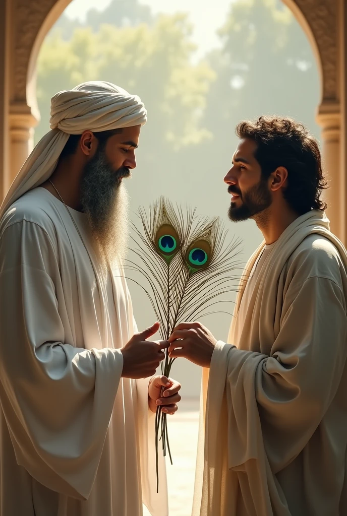 Generate an image where two men are sitting in front of each other, one of them is dressed in white gown having a beard and turban and holding a bunch of peacock feathers and touching other man with them