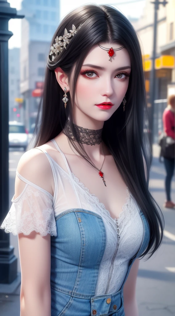 Best quality, masterpiece, super high resolution, (realistic: 1.4), original photo, (evening street), 1 girl, black eyes, long hair, light makeup, lips, small ears, white t-shirt, denim shorts, beauty in perfect shape: 1.4, (outdoor, seaside: 1.1), city street, super fine face, fine eyes, double eyelids, long legsblack lace top, long hair dyed black,beautiful hair jewelry, pretty face pretty and cute, perfect face, earring jewelry, head and hair jewelry, antique jewelry, big red eyes,