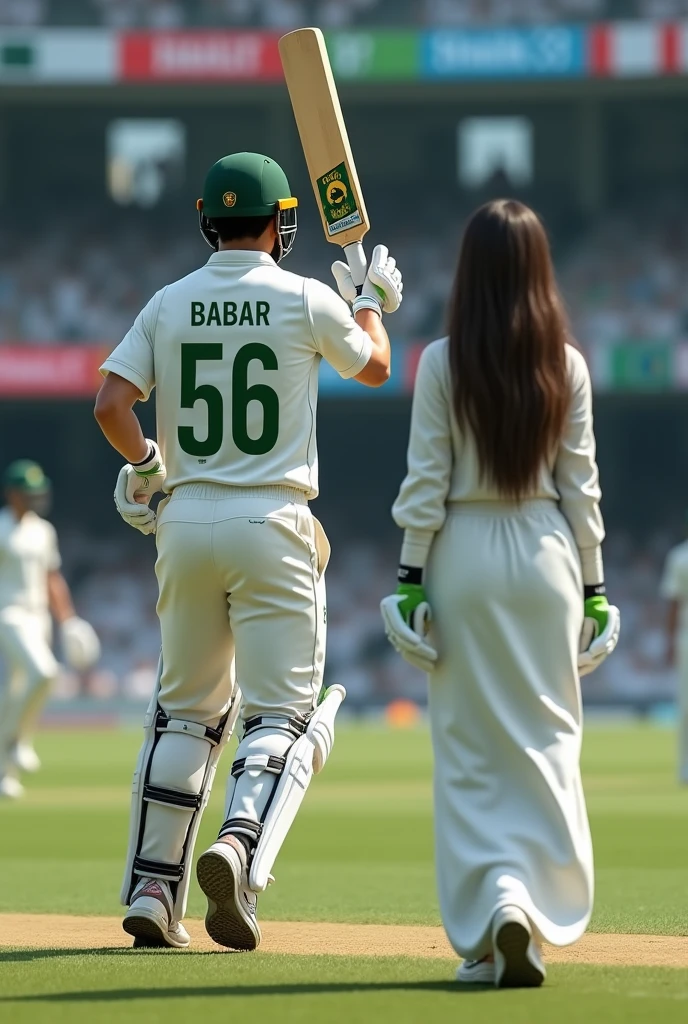 Aa realistic 3D image of a batsman (cricketer) of Pakistan in white coloured test kit (white jersey white trousers)a proper test kit which a cricketer wears but the arms of the kit should be half (half sleeved kit) and the cricketer is 5 feet and 10 inches tall and the image depicting his bakside and on the bak of his jersey it is written in bold letters "BABAR" and below it 56 is written and all this written in green colour while he jumped in the air with his raised bat which is made of wood and a wite coloured grip on the bat with "GRAY-NICOLLS"written on the middle of the bat in bold letters and him wearing a white coloured arm guard on his left arm with a cricket helmet of green colour on and on the sides of it ""GRAY-NICOLLS" written in a tiny formart and the cricketing gloves of white and green colour on his both hands and a pair of white sports shoes which should have the yellow WINK EMOJI on both the shoes and more importantly this picture should be shown as it is on a LED TV of black colour in a stadium with a few bangladeshi players in white test kits there,the view should be seen clearly and on the bottom of the screen on the TV it is written PAKvsBAN and it should be written "BABAR 103 and beside it in a tiny format is written 62" and it should also be written "RIZWAN 57 and beside it in tiny format is written 31" and after that is written "SHAKIB and beside it is written 3.3 in a tiny format"and this all to be written on the bottom of the tv screen in one line in black colour"and a 20 year old girl in a beautiful room with a smartphone in her hand clicking the picture of the scenario described above from the LED TV with happiness and excitment wearing a white and black coloured beautiful kurti and plazo with a dupatta on her both shoulders covering her chest,with open black hair and in her room there should be a calender of AUGUST 2024 which should be seen clearly and her room has a beautiful study table with books and lamp on it with a beautiful cupbo