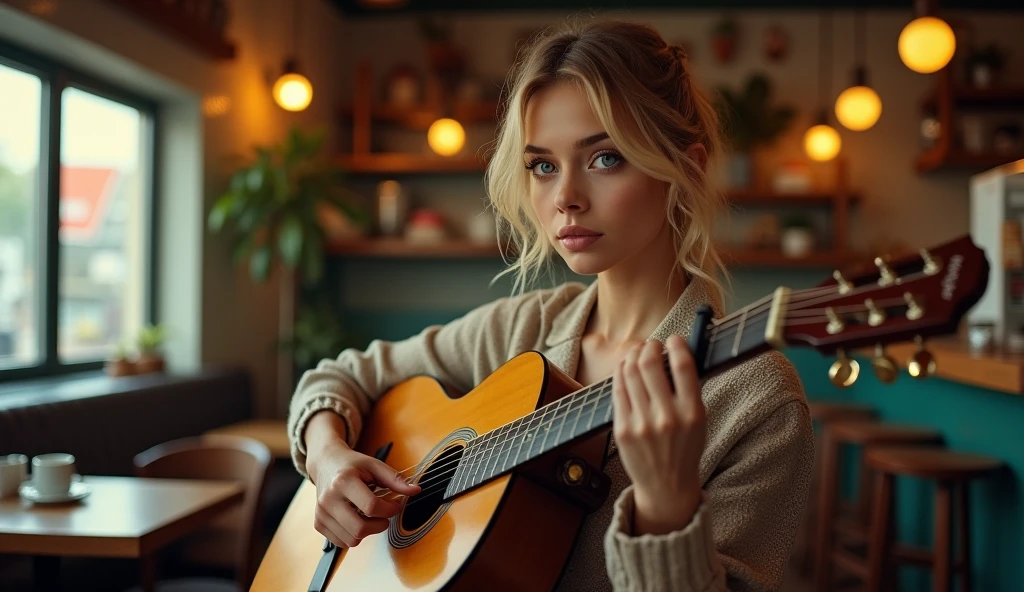 ((Highest quality)), ((masterpiece)), (detailed), Perfect Face, Panoramic shot of a young Russian woman playing guitar in a retro coffee shop, A woman with a V-shaped face and blue eyes, Clear Face, Clear Guitar, Latin-style surreal photography, 8k, Ultra-high resolution, Sharp Face