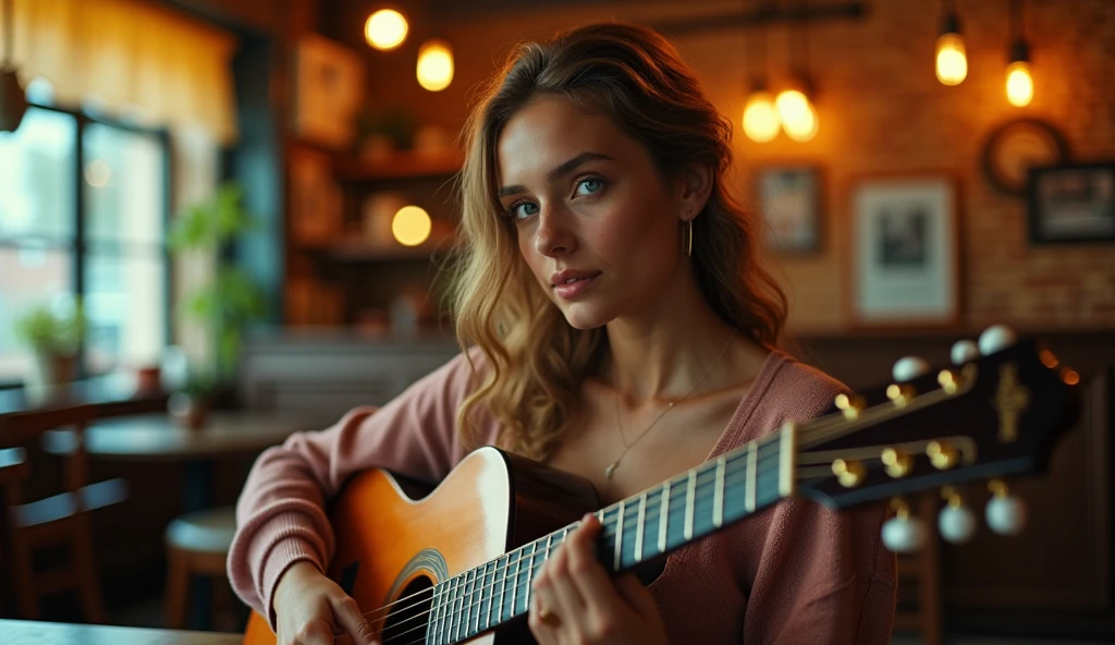 ((Highest quality)), ((masterpiece)), (detailed), Perfect Face, Panoramic shot of a young Russian woman playing guitar in a retro coffee shop, A woman with a V-shaped face and blue eyes, Clear Face, Clear Guitar, Latin-style surreal photography, 8k, Ultra-high resolution, Sharp Face