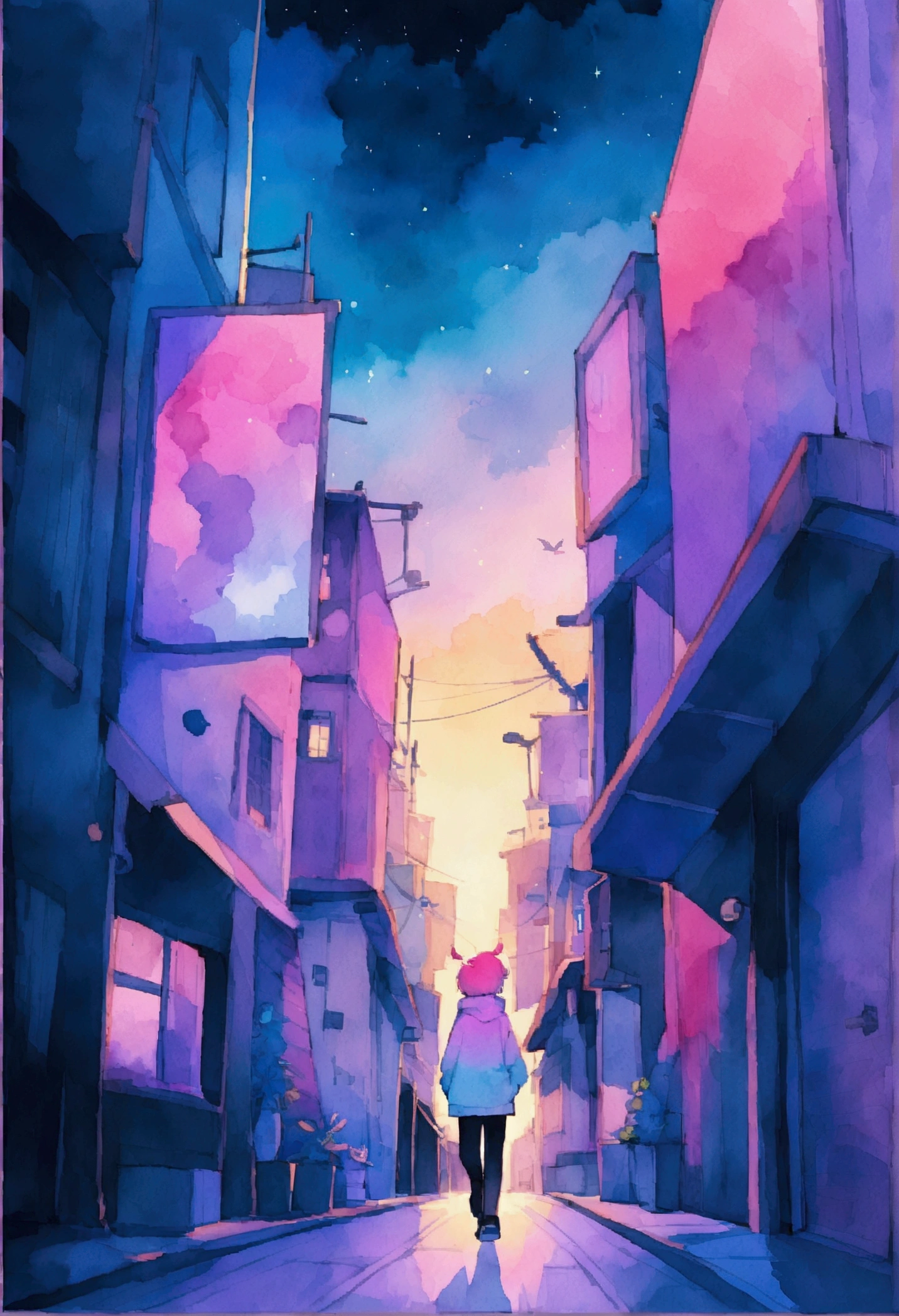City hippies continue to dream, Night Light,play piano,Neon Landscape, Simulates a color theme, Lo-fi hip hop , review, flat,黒と Watercolor, Large slope, Watercolor, Gas Color, Studio Ghibli style, Vibrant colors, Outer Ton, Jpop Lofi Art, 2024 Modern Social, amplitude,Psychedelic atmosphere, masterpiece, Technically sophisticated