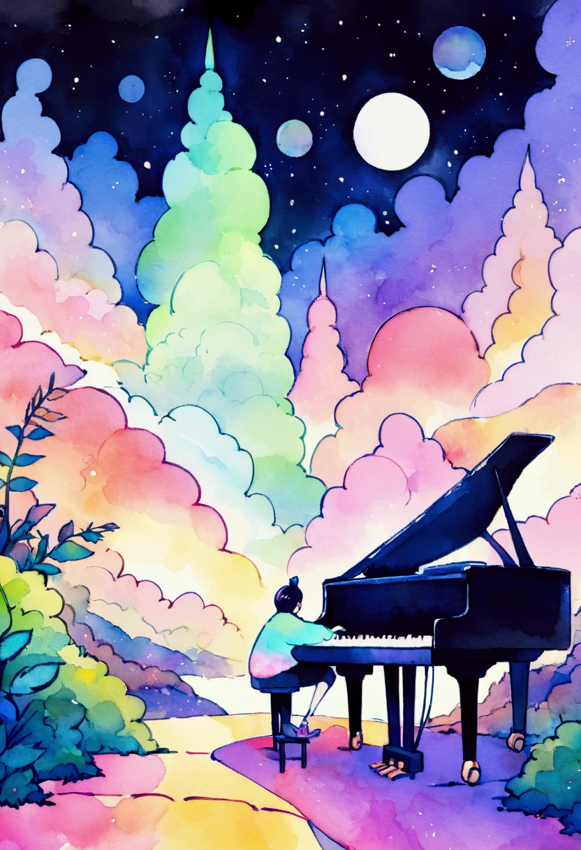 City hippies continue to dream, Night Light,play piano,Neon Landscape, Simulates a color theme, Lo-fi hip hop , review, flat,黒と Watercolor, Large slope, Watercolor, Gas Color, Studio Ghibli style, Vibrant colors, Outer Ton, Jpop Lofi Art, 2024 Modern Social, amplitude,Psychedelic atmosphere, masterpiece, Technically sophisticated