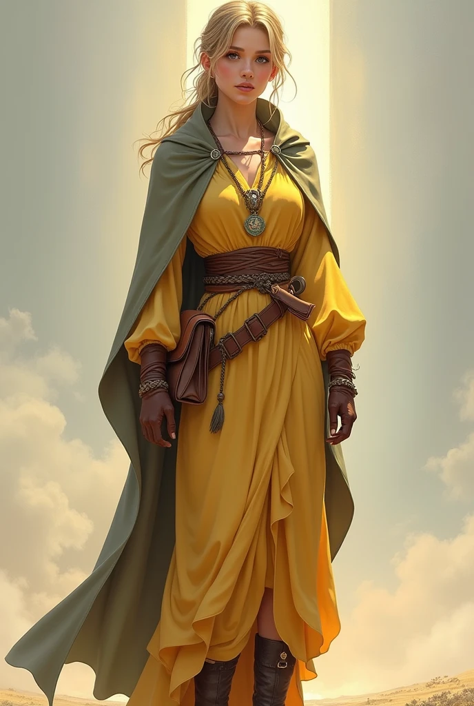 Robes: Flowing robes in soft yellow or gold, symbolizing warmth and compassion, with subtle embroidery of love symbols.
Amulet: A prominent Amulet of Mara around the neck, signifying their devotion.
Cloak and Sash: A simple, hooded cloak in muted colors and a braided sash at the waist, practical yet humble.
Boots and Gloves: Sturdy leather boots and simple gloves, suitable for travel and work.
Physical Traits
Hair: Neatly tied back, in natural tones like brown or blonde.
Eyes and Expression: Gentle eyes (green or blue) with a warm, kind expression.
Complexion: Healthy and serene, reflecting their peaceful nature.
Personal Items
Satchel: A small bag with healing herbs, potions, and a tome of Mara’s teachings.
Ring: A simple ring, possibly a personal commitment to Mara.
Demeanor
Aura: Calm, kind, and graceful.
Voice: Soft and soothing, offering comfort and counsel.