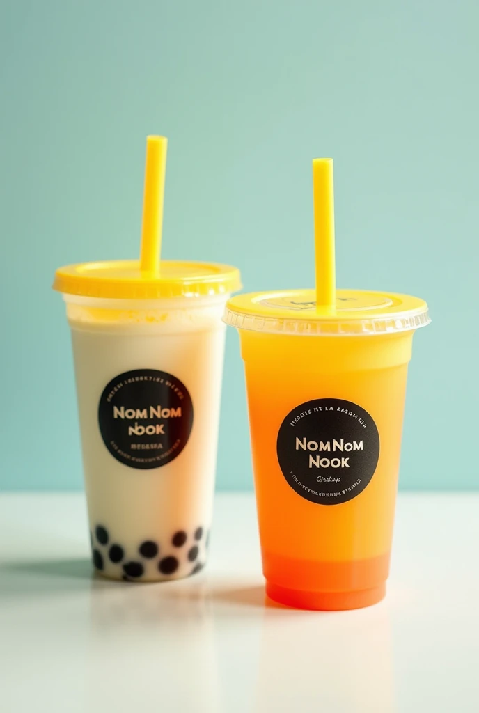 A poster advertising two boba drinks in short transparent sipper glasses with yellow lid and the glass having a black colour round sticker of the company called nom nom nook that is based in Kolkata, India