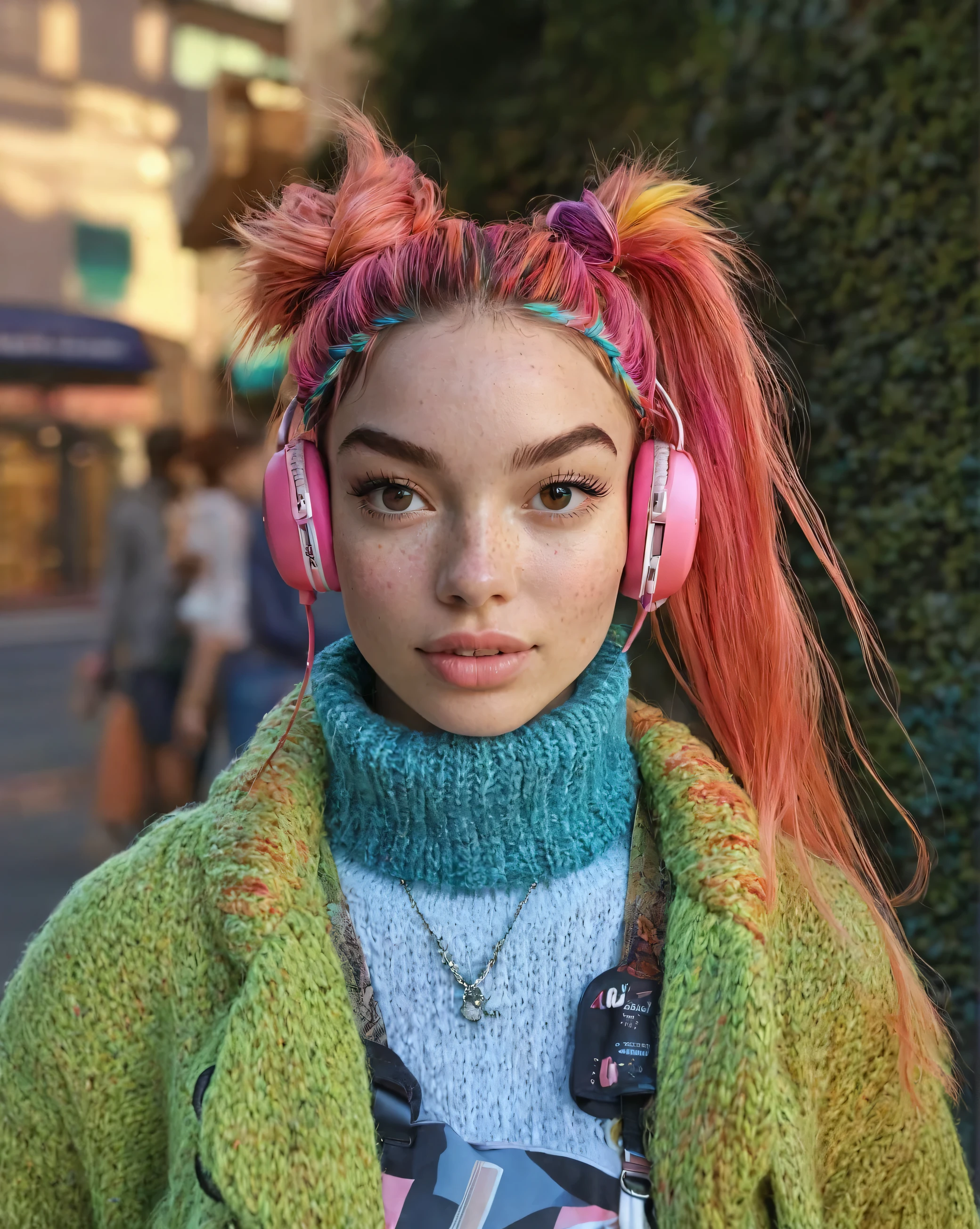 hyper-realistic image of a 20-2 female influencer with soft, delicate facial features, smooth light skin with subtle freckles across her cheeks and nose, and large, expressive brown eyes framed by thick, defined eyebrows. She has full lips with a natural pink tint and a small, slightly rounded nose. Her hair is styled in two high ponytails with a vibrant gradient of colors, starting with bright pink at the roots, blending into yellow at the tips, and styled with playful, spiky ends. Her hair is accessorized with a thin, braided headband in teal. She is wearing large, round pink headphones that match the color of her hair. She is dressed in a colorful, oversized knit sweater in shades of green, layered over a teal turtleneck sweater. Around her neck, she wears a necklace with a pendant, and she is also carrying a colorful backpack. The background should reflect a lively urban environment, with soft lighting and vibrant surroundings, capturing her energetic and trendy personality