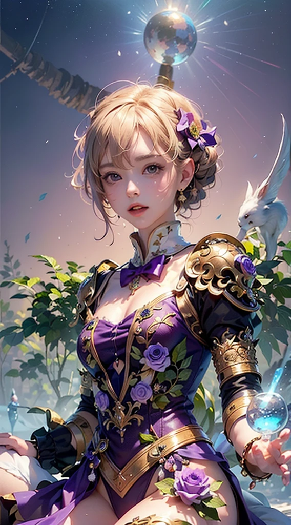 Rose、masterpiece, Highest quality, Highly detailed CG Unity 8k wallpaper,((Upper Body)) ,((Upper Body head close-up shot of a beautiful )), , Elegant long straight blonde hair, (Mckenna Grace), ((Flat Chest,Thighs,Self-illuminating skin)),transparent (Purple green) Golden (Sparkly tutu,long rabbit ears headgear, , bow tie, No pants, Genitals are visible), ((Sitting,Spread your legs)),(), (blush), , (), (Ice and snow world), Pretty face, Key Art, Awards, intricate detail realism hdr, by (Luan Jia, Altgerm and Range Murata), Photorealism, Hyperrealism, Ultra-realistic, Dramatic Light, Strong Shadows, Nice views, Depth of written boundary