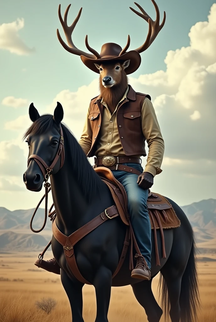 Animal bear as a cowboy on black horse