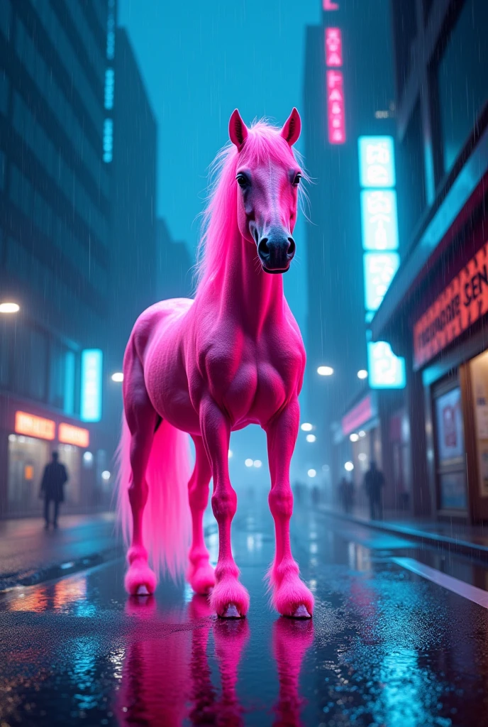 Pink horse in cyberpunk city at night in rain some blue neon light