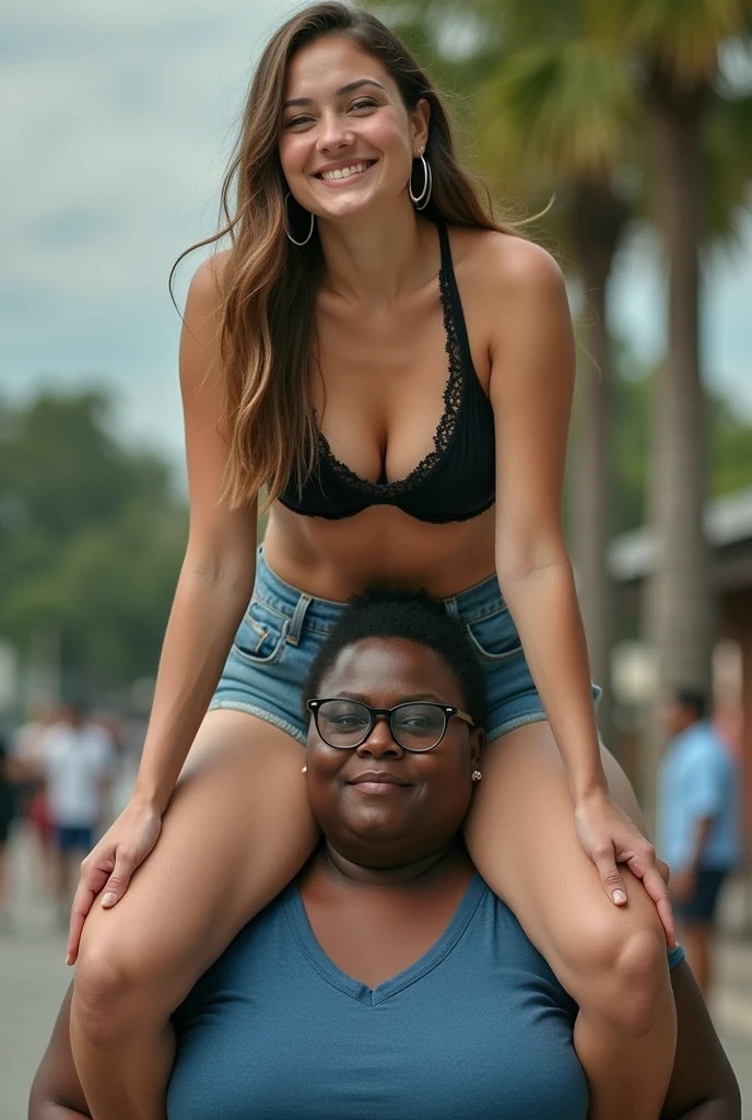 Create a photo of a 30 year old young woman, with a slender and beautiful body, wearing denim shorts and a black lace bra, with white and clear skin, with long light brown hair, wearing hoop earrings and has her back to the camera as she is lifted high onto the shoulders of an obese black 90 year old elderly lady, dark black skinned, who has short hair, who wears glasses and a blue dress