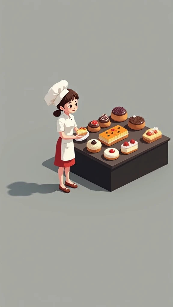 (masterpiece:1.2, top quality,ultra high resolution,super detailed),8 K,(wallpaper),(photorealistic:2.0),(Photos in RAW format:2.0),(plastic models:2.0),(confectioneryで働くちびキャラのかわいい女性Pastry Chef:2.0),(confectioneryには様々Rolls with various fruits are laid out in a square shape.,confectionery,Pastry Chef,Very simple design),(Isometric illustration:2.0),(plastic models:2.0),dull paint