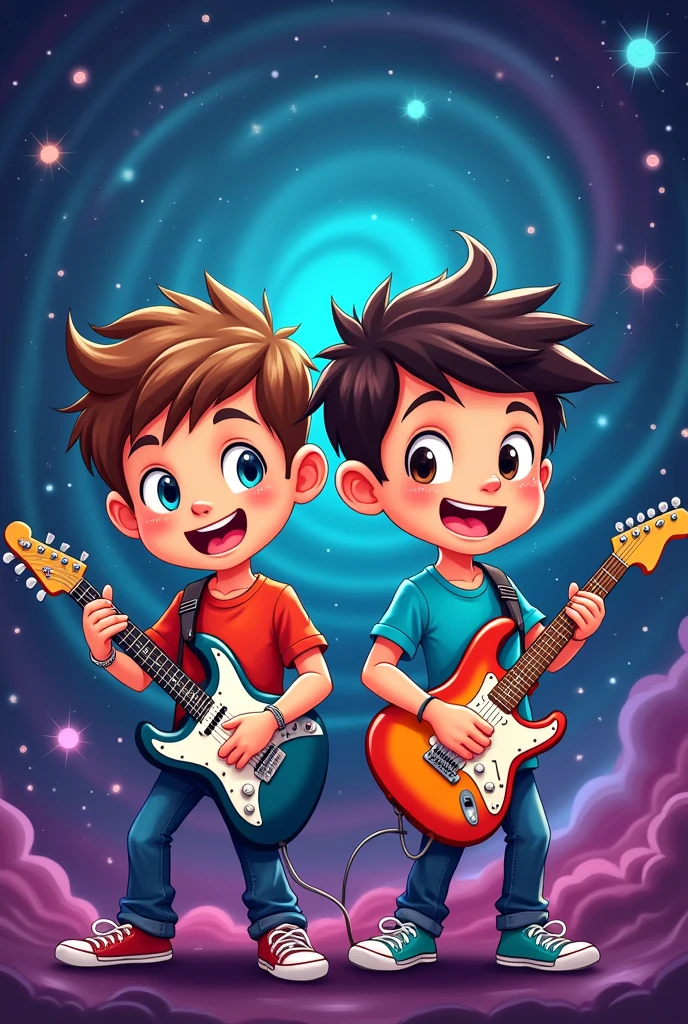 Two boys holding guitar, galaxy background, style cartoon