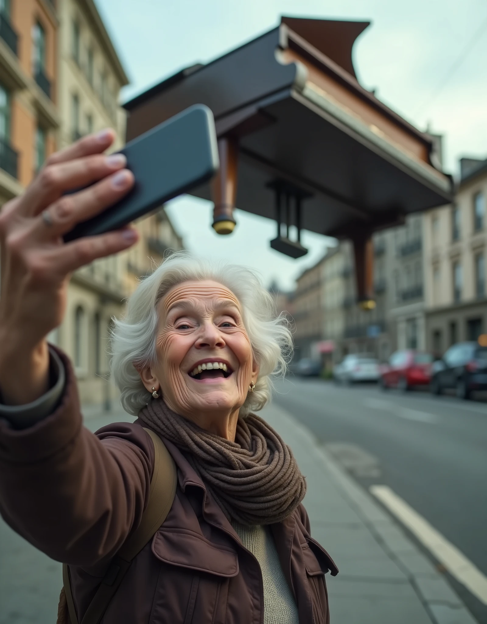 ((Last selfie. An elderly woman, smiling brightly, takes a selfie on a quiet city street, blissfully unaware of the imminent danger above her. Just behind her, a grand piano is plummeting from a great height, seconds away from crashing down. The piano is in mid-fall, casting a long shadow over the unsuspecting grandmother, with its polished wooden surface and dangling wires visible as it hurtles towards the ground. The woman’s joyful expression contrasts sharply with the impending disaster, creating a surreal and darkly humorous scene frozen in time just before calamity strikes. [the shadow of the piano is dangerously on the woman:1.7]. Oopps.)). (Suspended in the air between scene and the viewer, a translucent, almost ghostly black message reads exactly: "Last selfie!". The text appears as if it's floating, blurred at the edges, with the letters formed from a faint mist or dark black smoke that lingers in the space. The smoky words are readable, though not overly bright, hovering just in front of his gaze, creating a surreal yet powerful effect. Text exactly says: "Last selfie!". Text says: "Last selfie!". semi-transparent text that reads 'Last selfie!' in a dramatic, bold font. The text almost acts as a title, floating in the air, partially obscuring the scene but enhancing the overall tension and urgency of the moment.)