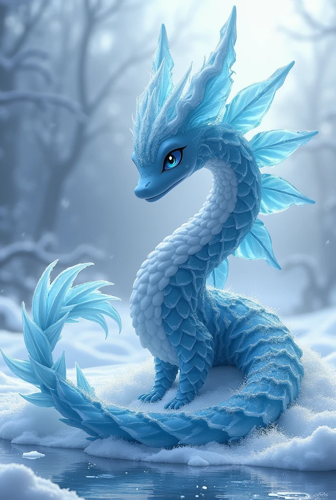 Create an ice and water Pokémon inspired by Norway. It must have ice crystals that resemble fjords and waterfalls.. Include a blanket of fog and snow patterns. The tail should look like a frozen wave, and the color should be ice blue with touches of white and silver, majestic expression.