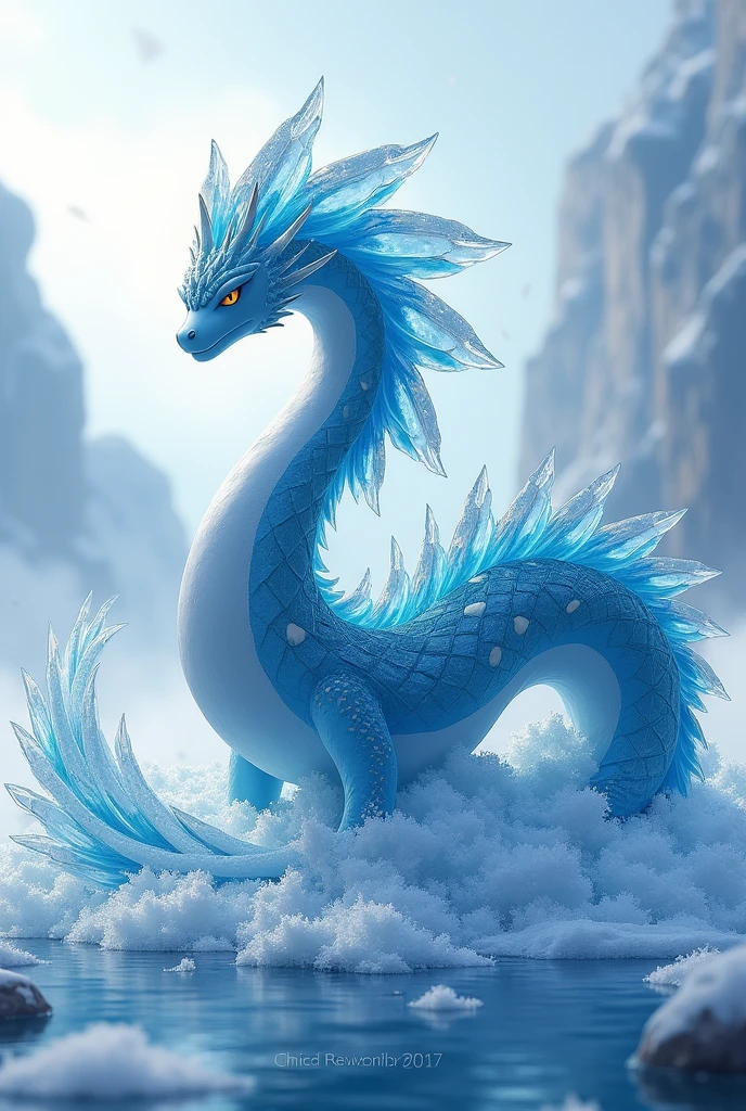 Create an ice and water Pokémon inspired by Norway. It must have ice crystals that resemble fjords and waterfalls.. Include a blanket of fog and snow patterns. The tail should look like a frozen wave, and the color should be ice blue with touches of white and silver, majestic expression.