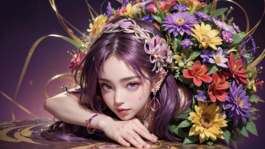 32K, 最高quality, 最高masterpiece, (ultra-Detailed Background, Detailed Background), High resolution, Super detailed, Very detailedな, 1 personの, (bouquet:1.3), (Tangled:1.2), (Geometric:1.2),(colorful),(masterpiece, quality, best quality, Official Art, Beautiful and beautiful:1.2), (1 person:1.3), Very detailed,(colorful:1.1)(Flowers:1.3),Most detailed,(Tangled:1.2), whole body, (Abstract background:1.3), (Skin glows), (Many colors:1.4), ,(Earrings Jewelry:1.5), Purple-red pale background, It's imaginative., Milk tea colored hair,