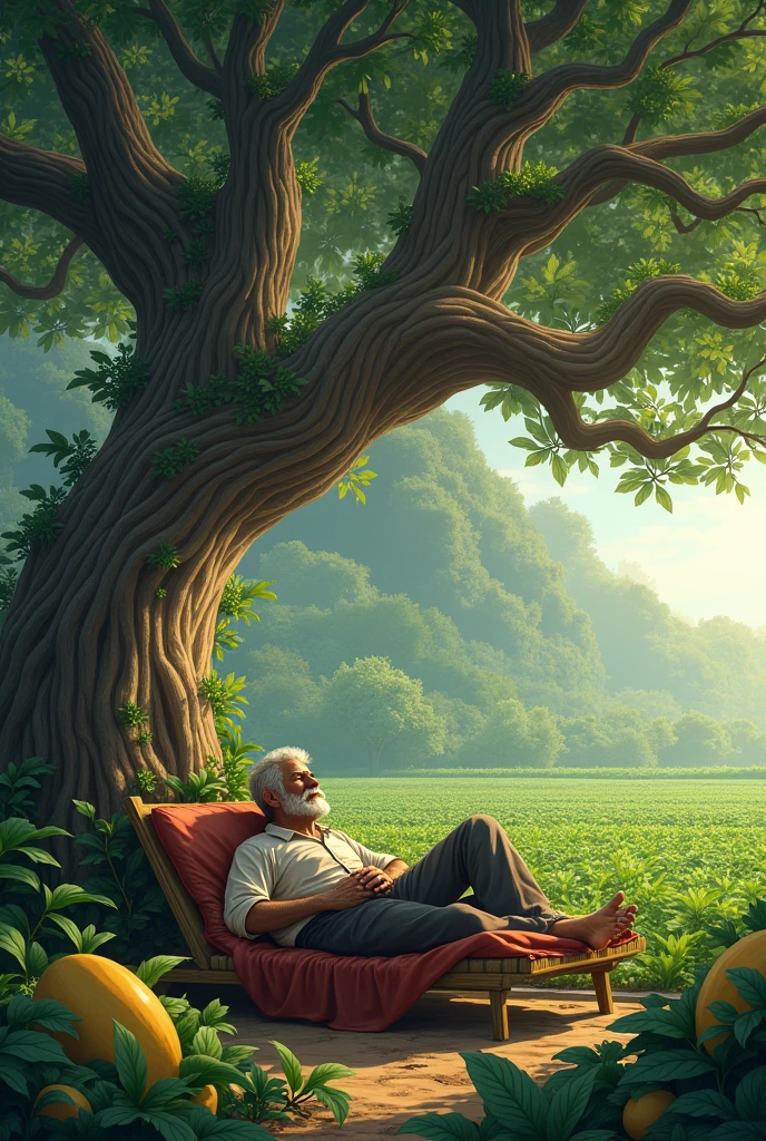 A man was lying on a bed under a banyan tree and guarding many melon gardens