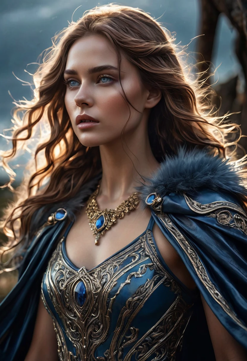 A woman, she stands as a figure of resilience and grace, her presence imposing yet touched by an ethereal beauty. Her long, chestnut hair cascades in waves down her back, shimmering with subtle shades of brown and gold that catch the light, giving her an almost otherworldly glow. Her skin is a warm, sun-kissed hue, reflecting countless hours spent in nature and under the open sky, a testament to her journey from human to High Fae.
Her eyes, a piercing blue-gray, are sharp and watchful, like storm clouds over the sea, holding within them the depths of her experiences—love, loss, and the weight of her choices. They are the eyes of a warrior, someone who has faced unimaginable horrors and emerged stronger, but they also carry a softness, a hint of the vulnerability she rarely allows others to see.
She is dressed in a finely crafted leather tunic, tailored to her form, allowing ease of movement while accentuating her lean, athletic build. The leather is dark, almost black, adorned with intricate silver detailing that hints at her status and the power she wields. Over her shoulders is a dark blue, fur-lined cape that billows softly around her as she mov
8K, her presence is ethereal and enigmatic, extremely detailed, (high quality, realistic, photorealistic: 1.37), with ideal proportions and smooth, luminous skin, meticulously crafted features, haunting beauty, perfection, artistic art, vivid realism, hyper-detailed sculpting, realistic shapes, truly inspiring, impeccable craftsmanship, pure brilliance, supernatural beauty, delicate yet chilling contours, striking poses, sublime elegance, subtle nuances, dynamic compositions, perfect lighting, unsettling expressions, spectral aura, majestic presence, nightmarish atmosphere, unmatched detailed high octane rendering trending on artstation, 8k art photography, photorealistic concept art, cinematic volumetric soft natural light, chiaroscuro, award-winning photography, fine art, oil on canvas, beautiful, detailed, intricate,