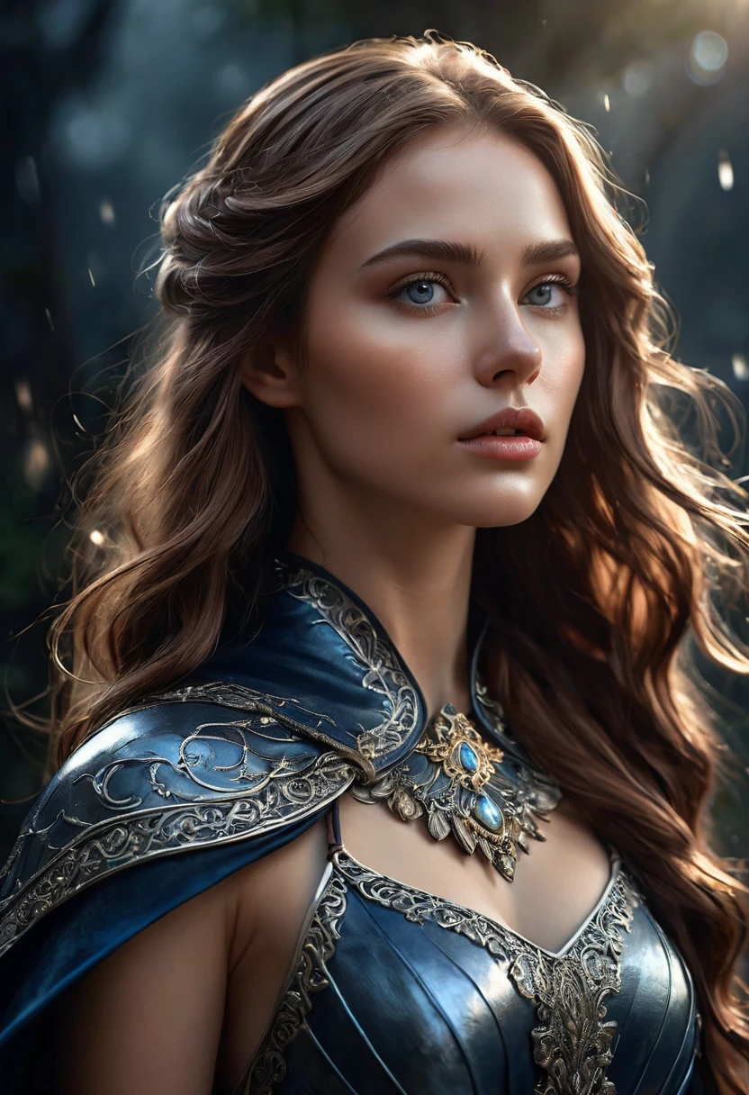 A woman, she stands as a figure of resilience and grace, her presence imposing yet touched by an ethereal beauty. Her long, chestnut hair cascades in waves down her back, shimmering with subtle shades of brown and gold that catch the light, giving her an almost otherworldly glow. Her skin is a warm, sun-kissed hue, reflecting countless hours spent in nature and under the open sky, a testament to her journey from human to High Fae.

Her eyes, a piercing blue-gray, are sharp and watchful, like storm clouds over the sea, holding within them the depths of her experiences—love, loss, and the weight of her choices. They are the eyes of a warrior, someone who has faced unimaginable horrors and emerged stronger, but they also carry a softness, a hint of the vulnerability she rarely allows others to see.

She is dressed in a finely crafted leather tunic, tailored to her form, allowing ease of movement while accentuating her lean, athletic build. The leather is dark, almost black, adorned with intricate silver detailing that hints at her status and the power she wields. Over her shoulders is a dark blue, fur-lined cape that billows softly around her as she mov
8K, her presence is ethereal and enigmatic, extremely detailed, (high quality, realistic, photorealistic: 1.37), with ideal proportions and smooth, luminous skin, meticulously crafted features, haunting beauty, perfection, artistic art, vivid realism, hyper-detailed sculpting, realistic shapes, truly inspiring, impeccable craftsmanship, pure brilliance, supernatural beauty, delicate yet chilling contours, striking poses, sublime elegance, subtle nuances, dynamic compositions, perfect lighting, unsettling expressions, spectral aura, majestic presence, nightmarish atmosphere, unmatched detailed high octane rendering trending on artstation, 8k art photography, photorealistic concept art, cinematic volumetric soft natural light, chiaroscuro, award-winning photography, fine art, oil on canvas, beautiful, detailed, intricate,