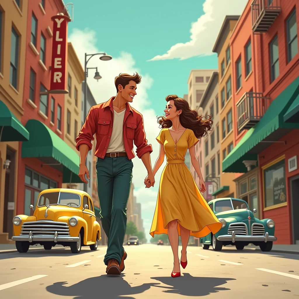 It lacks the three-dimensional feel of 1940s American cartoons.、The artwork is reminiscent of 1940s American cartoons.、One adult male、One adult woman、couple、A life full of happiness、In the city