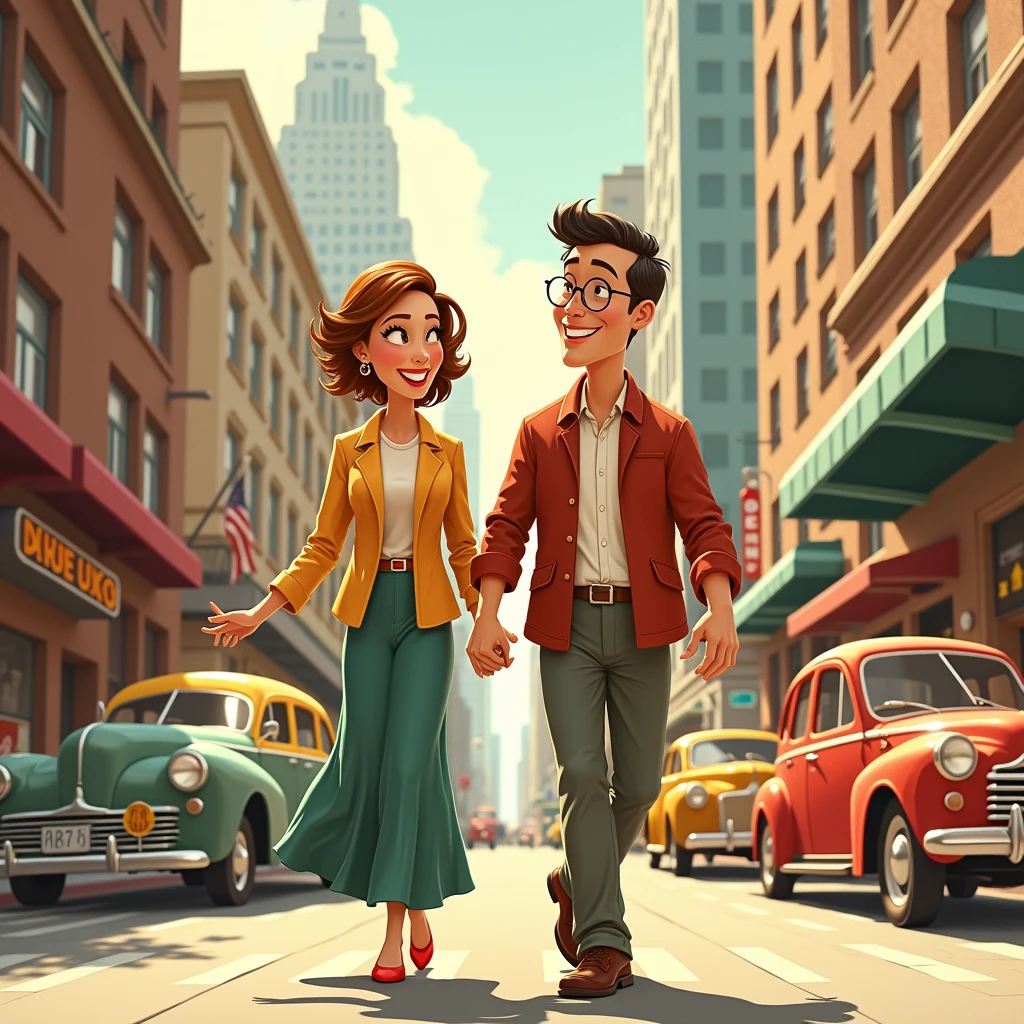 It lacks the three-dimensional feel of 1940s American cartoons.、The artwork is reminiscent of 1940s American cartoons.、One adult male、One adult woman、couple、A life full of happiness、In the city