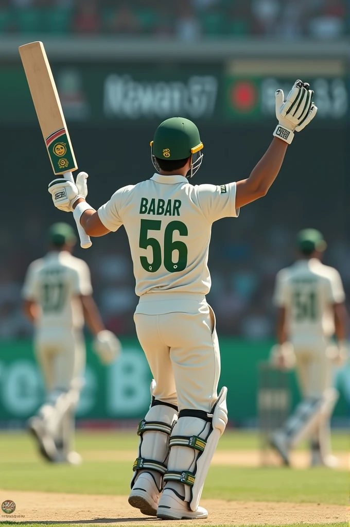 Aa realistic 3D image of a batsman (cricketer) of Pakistan in white coloured test kit (white jersey white trousers)a proper test kit which a cricketer wears but the arms of the kit should be half (half sleeved kit) and the cricketer is 5 feet and 10 inches tall and the image depicting his bakside and on the bak of his jersey it is written in bold letters "BABAR" and below it 56 is written and all this written in green colour  while he jumped in the air with his raised bat which is made of wood and a wite coloured grip on the bat with "GRAY-NICOLLS"written on the middle of the bat in bold letters and him wearing a white coloured arm guard on his left arm with a cricket helmet of green colour on and on the sides of it ""GRAY-NICOLLS" written in a tiny formart and the cricketing gloves of white and green colour on his both hands and a pair of white sports shoes which should have the yellow WINK EMOJI on both the shoes and more importantly this picture should be shown as it is on a LED TV of black colour in a stadium with a few bangladeshi players in white test kits there,the view should be seen clearly and on the bottom of the screen on the TV it is written PAKvsBAN and it should be written "BABAR 103 and beside it in a tiny format is written 62" and it should also be written "RIZWAN 57 and beside it in tiny format is written 31" and after that is written "SHAKIB and beside it is written 3.3 in a tiny format"and this all to be written on the bottom of the tv screen in one line in black colour"and a 20 year old girl in a beautiful room with a smartphone in her hand clicking the picture of the scenario described above from the LED TV with happiness and excitment wearing a white and black coloured beautiful kurti and plazo with a dupatta on her both shoulders covering her chest,with open black hair and in her room there should be a calender of AUGUST 2024 which should be seen clearly and her room has a beautiful study table with books and lamp on it with a beautiful cupbo