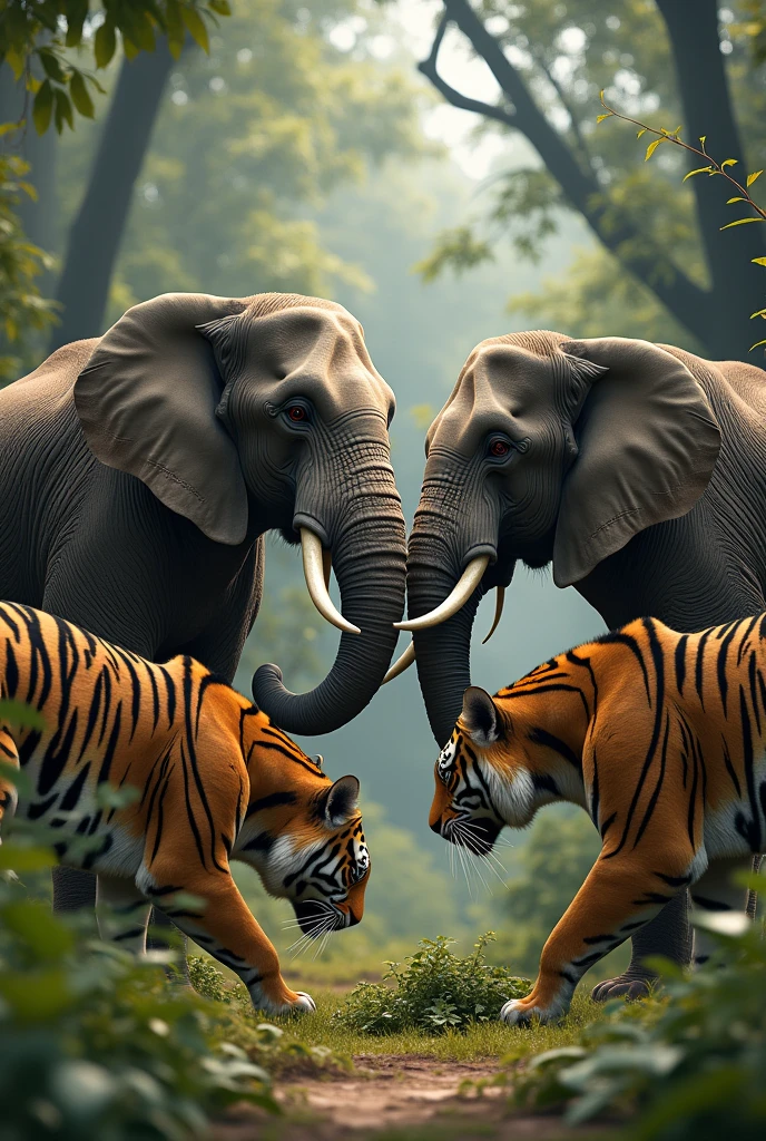 Elephants join together with tigers