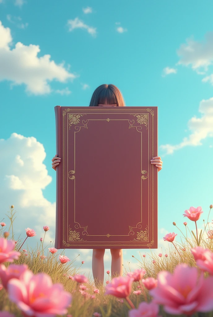 A  is standing behind a big book, the sky is blue and there is pink flowers on the floor 