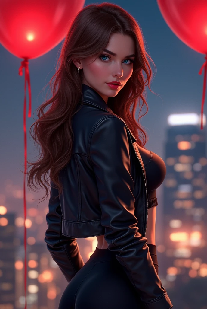 beautiful young happy very beautiful girl, blue charming eyes, red lips, sophisticated face, medium size prominent bust and ass, brown black long hair, black leather jacket and black very tight sports leggings, reet in a night city, red ballons,(airbrush painting, detailed style), soft lighting, 8k