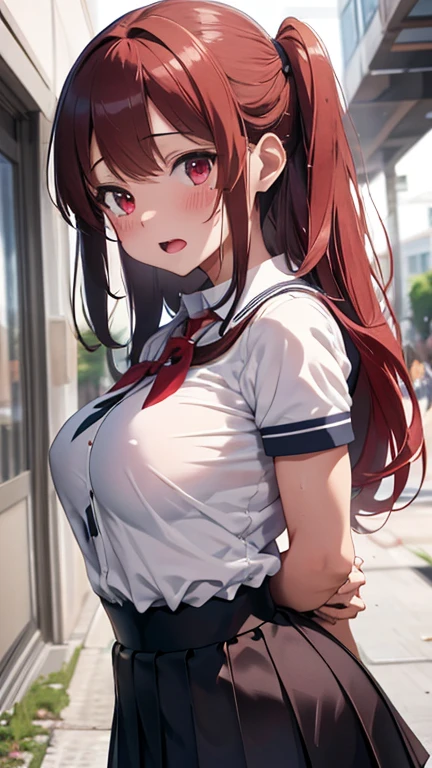 mastute piece,Best Quality,insanely detailed,8k cg,nsfw,
(shoot upper body:1.3),
(1girls:1.3),standing,looking at viewr,body in front,((both arms behind back:1.4)),(magical-girl:1.2,school uniform),break,
blush,shy,(ecstasy face),(trembling:1.2),break,(light red hair:1.2),
break,
perfect breasts,perfect teats,(open mouth:0.9),(large breasts),
(school corridor:1.1)