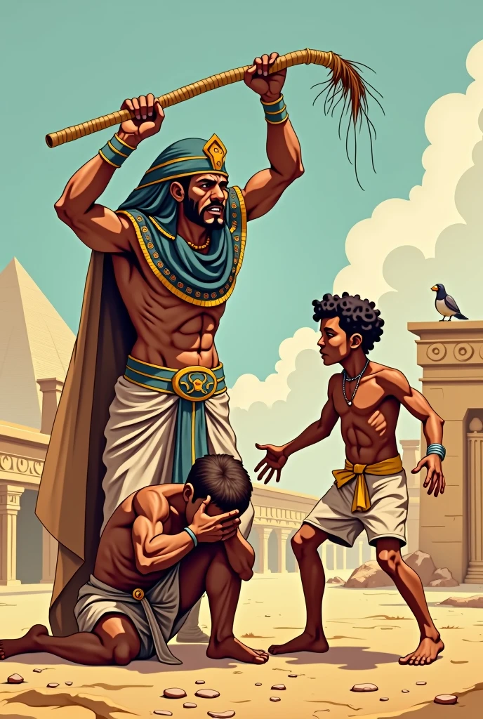 An Egyptian whipping a slave and a young man helping the slave cartoon