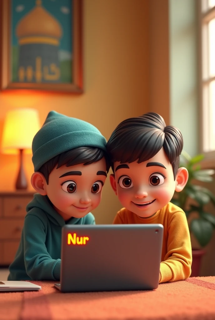 Creat 3D animated muslim 2 boy setting on with a laptop and laptop back side Written a name Nur Orenge colour. & Background is a room . Mecca madina photo fram hanging in wall .