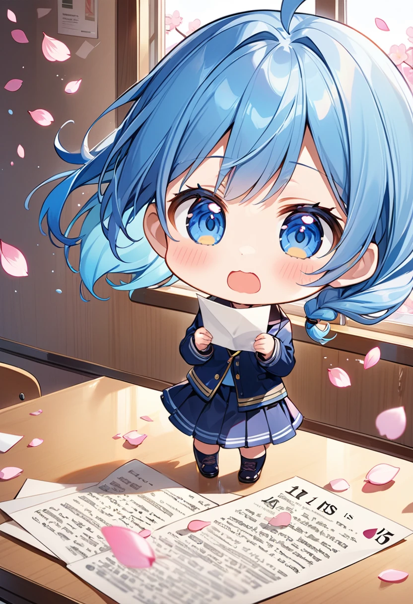 Highest quality、High resolution、Detailed Background、Beautiful face in every detail、Anatomically correct、Detailed facial expressions、fine grain、((full body, from side:1.5, looking away:1.2)), break　((One Girl:1.5)、((Chibi Girl:1.5)))、Bright cute blue hair color、big綺麗な青色の瞳、Fuller lips、Pink Lips、Braided twintails、Ahoge、break　((Look at the paper in your hands:1.5、big"15"is written:1.5、Shocked expression、Gets watery eyes:1.5))、(Background is an elementary school classroom、Cherry blossom petals come in through the window、spring)