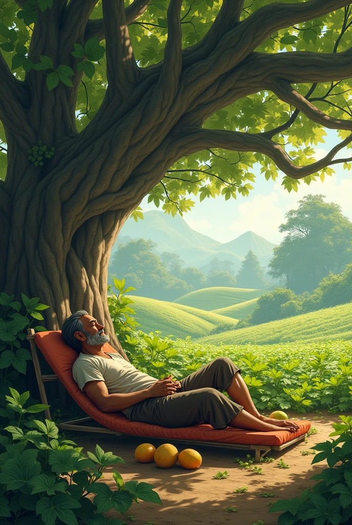 A man was lying on a bed under a banyan tree and guarding many melon gardens