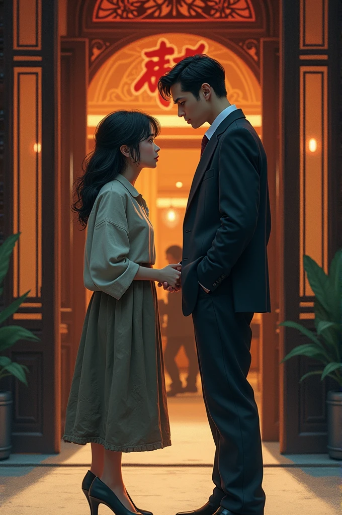 The poor china girl and her rich boyfriend was meet in front of restaurant