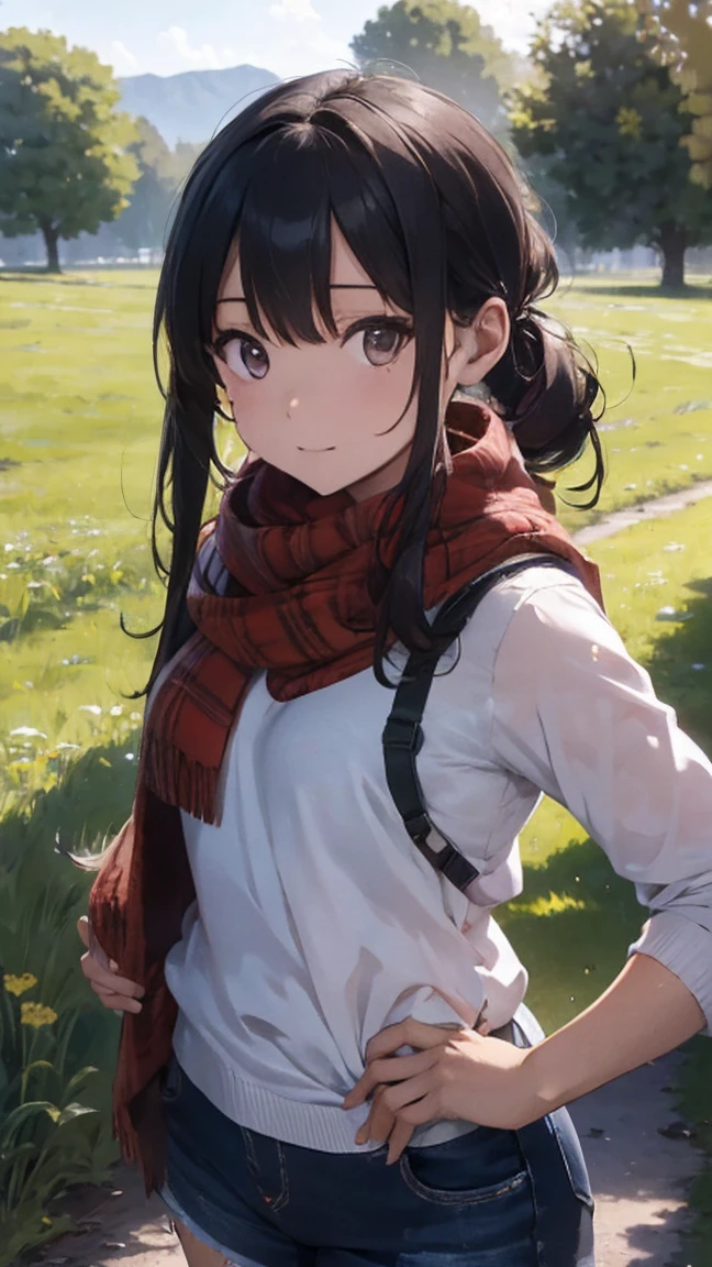 8k, Highest quality, masterpiece, Realistic, Very detailed, photo Realistic, Improvement of quality, Photo of a girl standing in a field wearing a scarf, designer'Dark and gloomy style, big chunks, Photobash, Calm face, Jagged Edges, navy, Natural Beauty, Close-up shot