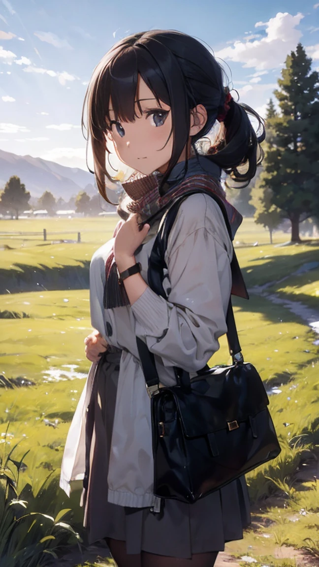 8k, Highest quality, masterpiece, Realistic, Very detailed, photo Realistic, Improvement of quality, Photo of a girl standing in a field wearing a scarf, designer'Dark and gloomy style, big chunks, Photobash, Calm face, Jagged Edges, navy, Natural Beauty, Close-up shot