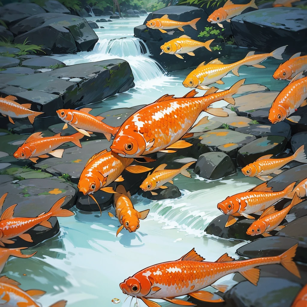 Waterfall,spring season,beautiful weather,different kinds of colorful rock under water,colorful leaves floating on water,a strong and wide water stream coming from mountain,medium wide river, blue bright sunny sky with some cotton like clouds,Vast sky,clear crystal water,4k quality,koi fish and salmon fish,detailed picture,detailed and realistic picture,natural,etc.