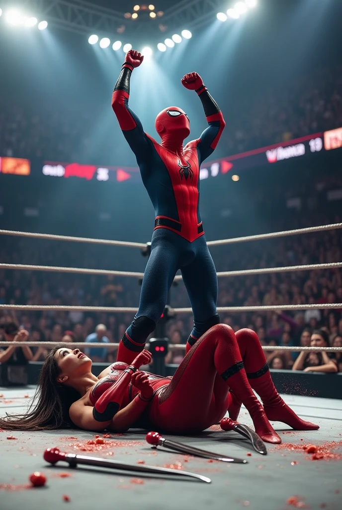 spider man(tom holland)beats Elektra(comics edition) in a WWE match Elektra is down and Spider Man celebrates