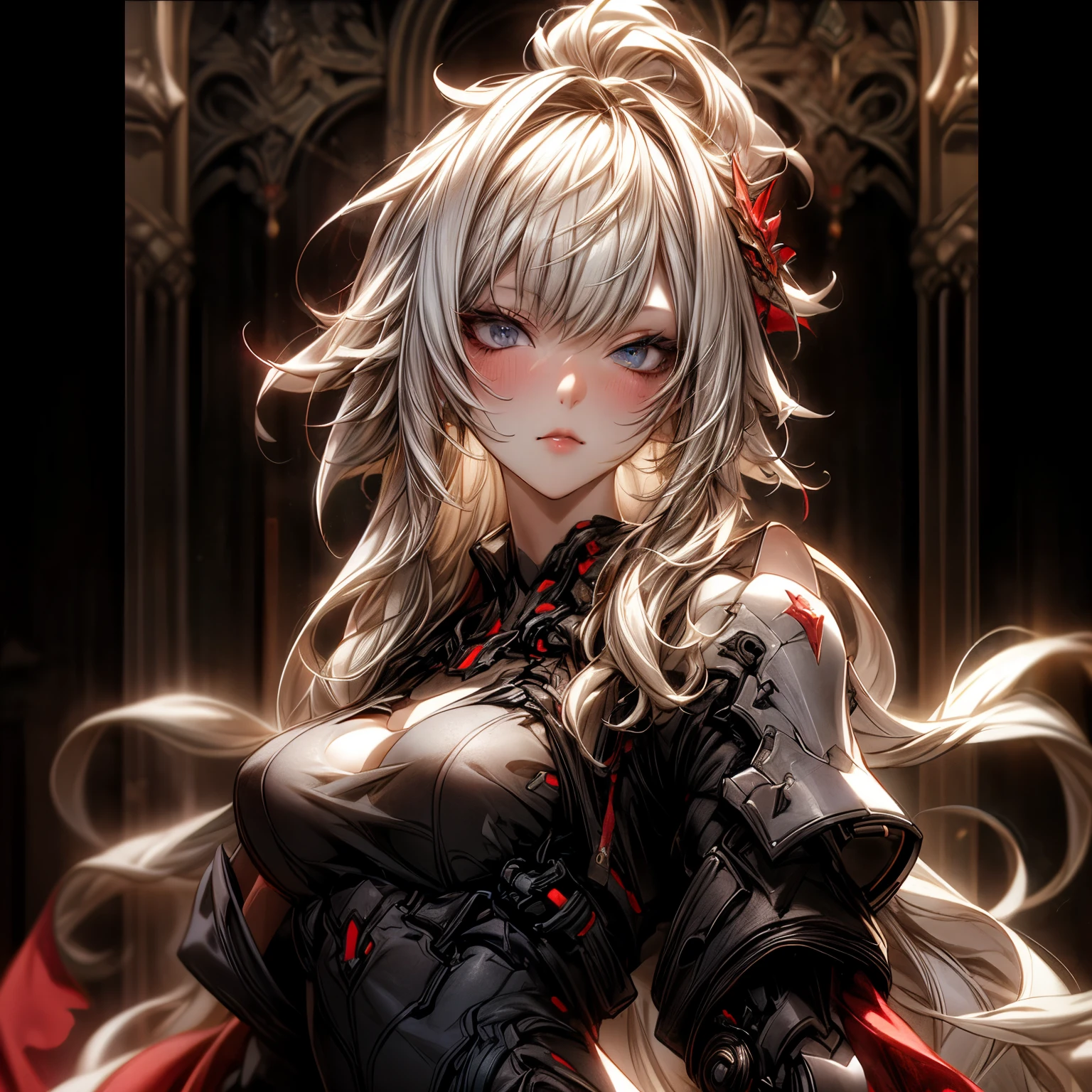 (best quality)), ((Masterpiece)), (details:1.4), 3d, HDR (high dynamic range), an image of a beautiful cyberpunk female, Cyberpunk, Fantasy, White hair, Curtain Bangs, Beautiful White eyes, จมูกโด่ง, ปากแดง, หน้าอกใหญ่, nvidia RTX, PBR surface, After processing, Anisotropic filtration,depth of field, Maximum clarity and clarity, multi-layered surface, Subsurface scattering, perfect proportions, 8K raw files, ultra detailed, Perfect proportions, volumetric lighting, soft lighting, Holy Paladin, Heavy Red Armor, Red dress, glossy skin, intricate Silverembroidery, Castle background, jewely, ต่างหู, นิ้วมือสมบูรณ์, Mask