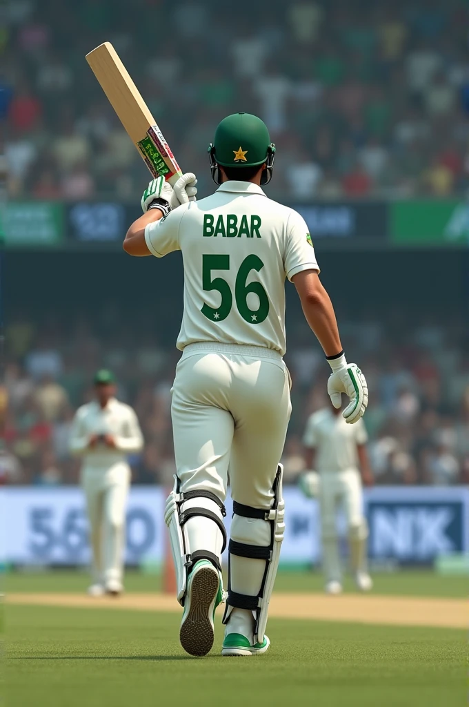 Aa realistic 3D image of a batsman (cricketer) of Pakistan in white coloured test kit (white jersey white trousers)a proper test kit which a cricketer wears but the arms of the kit should be half (half sleeved kit) and the cricketer is 5 feet and 10 inches tall and the image depicting his bakside and on the bak of his jersey it is written in bold letters "BABAR" and below it 56 is written and all this written in green colour  while he jumped in the air with his raised bat which is made of wood and a wite coloured grip on the bat with "GRAY-NICOLLS"written on the middle of the bat in bold letters and him wearing a white coloured arm guard on his left arm with a cricket helmet of green colour on and on the sides of it ""GRAY-NICOLLS" written in a tiny formart and the cricketing gloves of white and green colour on his both hands and a pair of white sports shoes which should have the yellow WINK EMOJI on both the shoes and more importantly this picture should be shown as it is on a LED TV of black colour in a stadium with a few bangladeshi players in white test kits there,the view should be seen clearly and on the bottom of the screen on the TV it is written PAKvsBAN and it should be written "BABAR 103 and beside it in a tiny format is written 62" and it should also be written "RIZWAN 57 and beside it in tiny format is written 31" and after that is written "SHAKIB and beside it is written 3.3 in a tiny format"and this all to be written on the bottom of the tv screen in one line in black colour"and a 20 year old girl in a beautiful room with a smartphone in her hand clicking the picture of the scenario described above from the LED TV with happiness and excitment wearing a white and black coloured beautiful kurti and plazo with a dupatta on her both shoulders covering her chest,with open black hair and in her room there should be a calender of AUGUST 2024 which should be seen clearly and her room has a beautiful study table with books and lamp on it with a beautiful cupbo
