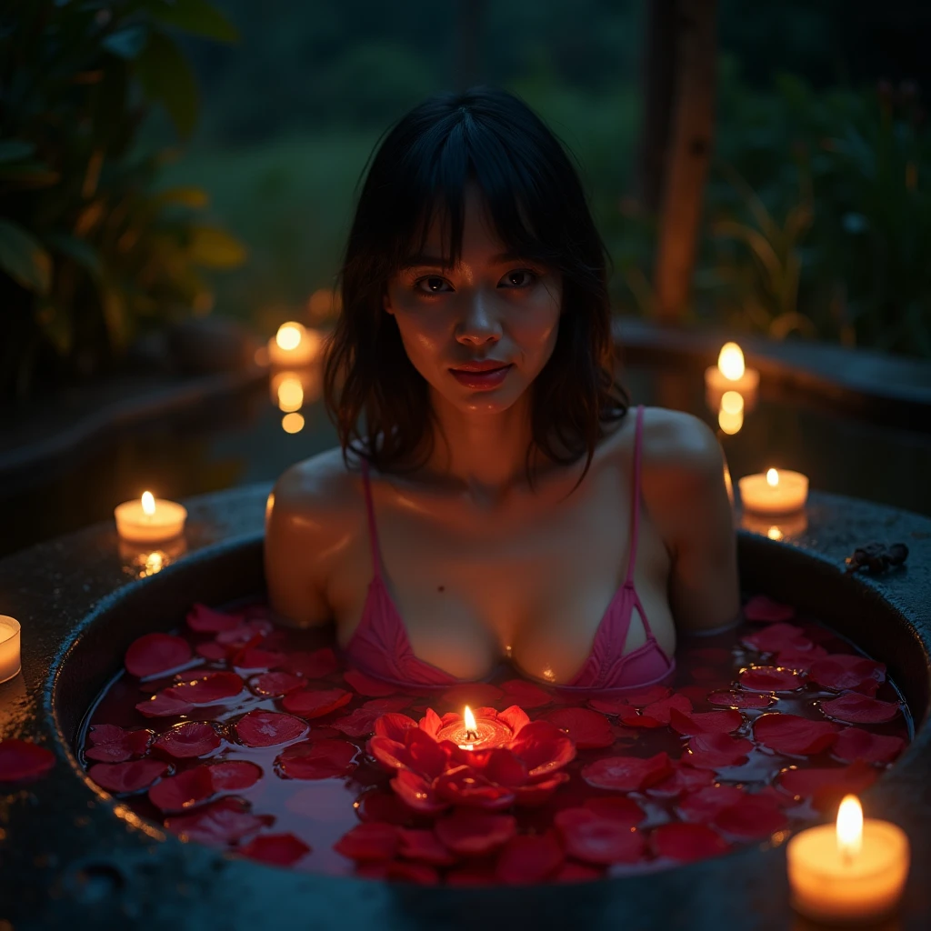 
breathtaking photograpy, cinematic midnight flower hot bath of beautiful voluptuous indonesian 1girl, sharp focus on her, view from front, she is naked underwater, rose petals, dark reflective water, illuminating by candles, dark ambience, misty atmosphere, outdoor pond with moonlight, high resolution, highly detailed, best quality, masterpiece, award winning