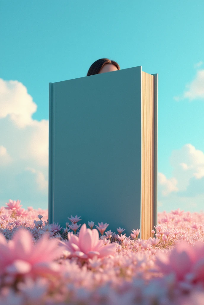 A is standing behind a big book, the sky is blue and there is pink flowers on the floor
