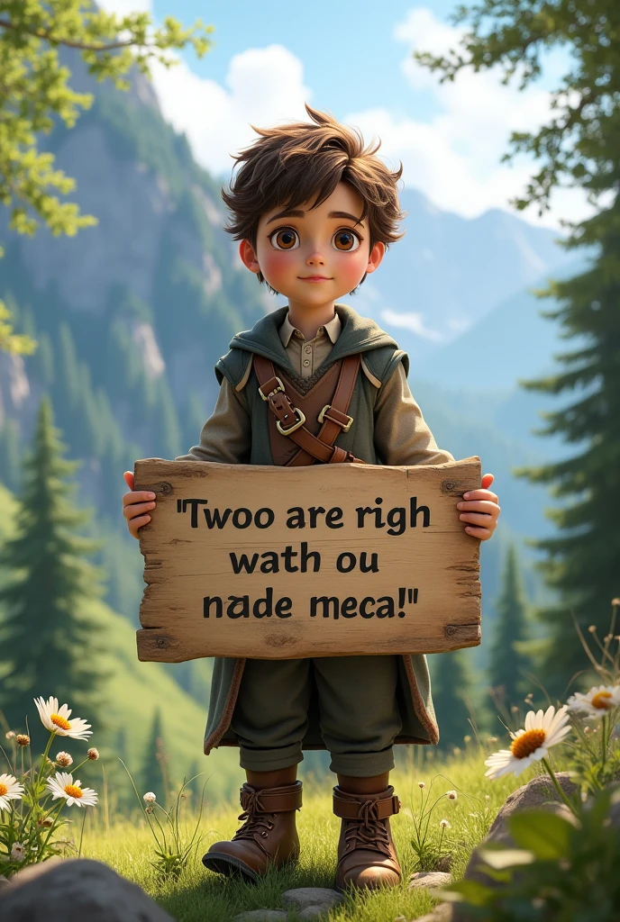 A young, handsome boy in a nice costume is standing in a natural place like Switzerland, holding a sign that says, "REMEMBER, YOU ARE A CA