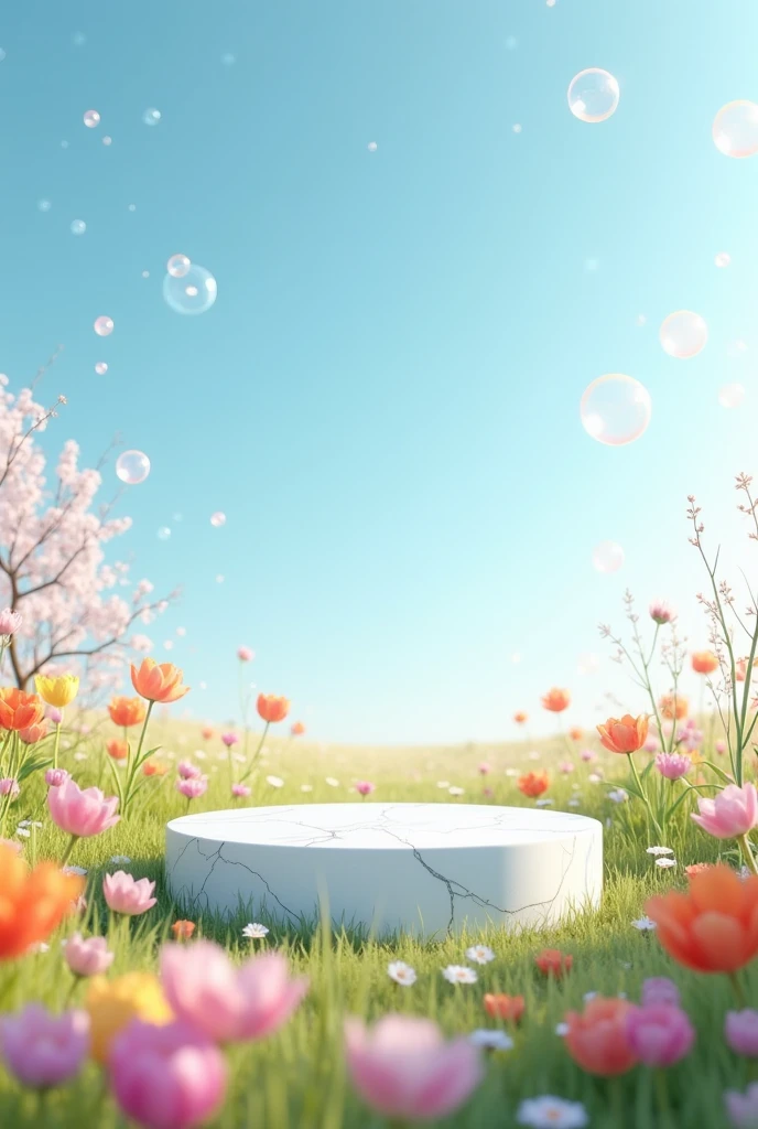 white podium made of white Stone in a spring field of color file flowers. Image should show the blue sky with blue clear bubbles floating around.