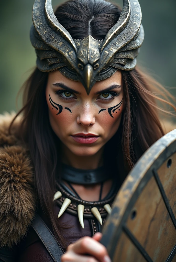 Close up face of beautiful viking queen, wooden shield in hand, eagle crown , tribal design on the eyes, Angry, bone ornaments on the neck, leather armor, focused
