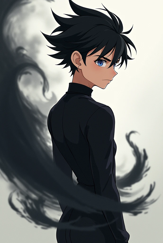 A boy in anime theme with his visible aura in black colour and wear clothes